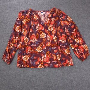 Old Navy Top Womens 2X Red Floral V Neck Long Sleeve Blouse Springcore Prairie